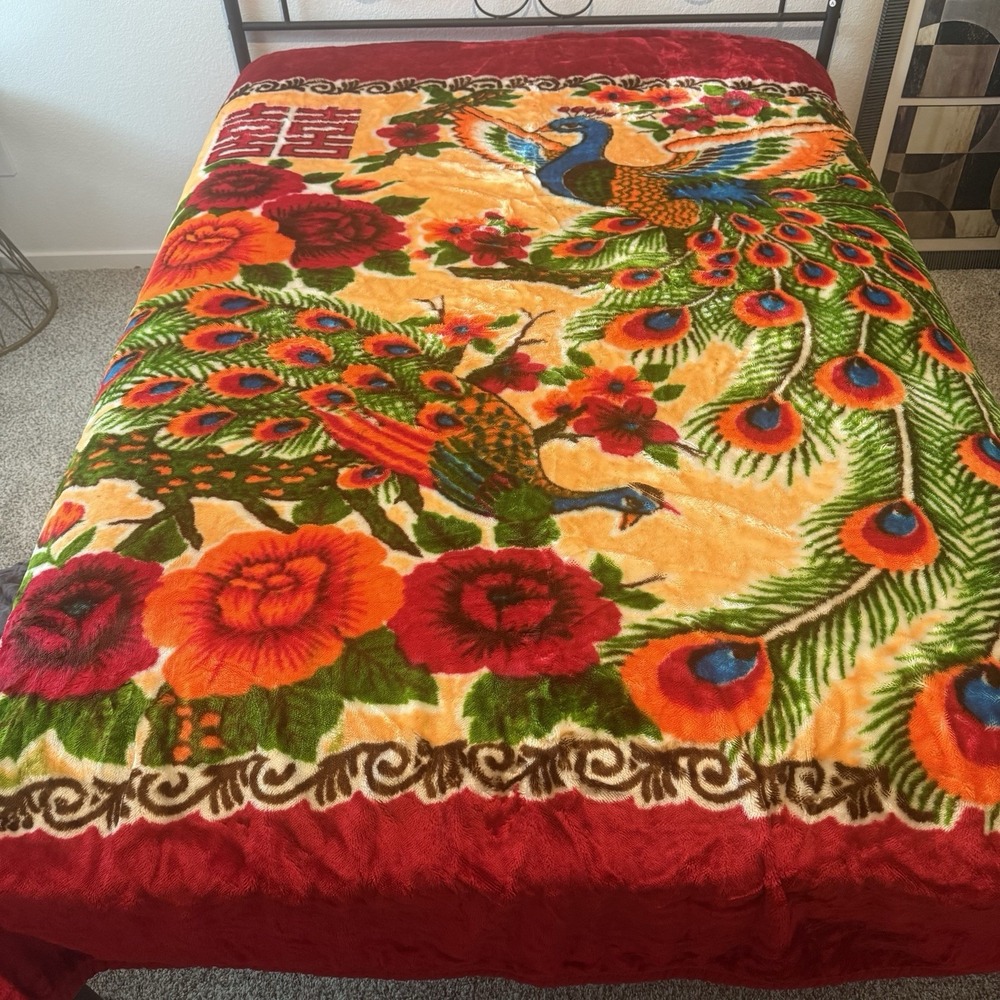 Vintage Korean Mink Blanket Reversible Peacock Floral Red Queen 90x75 Heavy